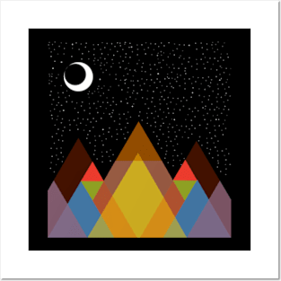 mountains landscape, starry night and waning moon Posters and Art